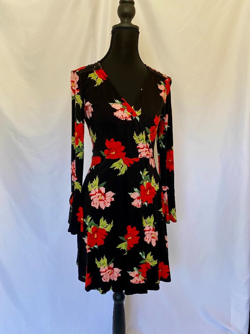 Topshop Black Floral Wrap-Style Dress - Size US 6 / UK 10